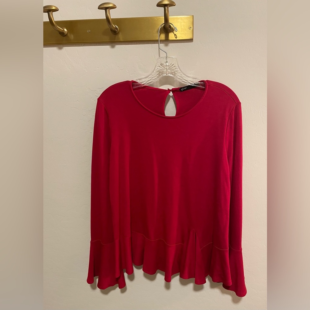 Shirt/Top-Gibson Red Rayon Knit Long Bell Sleeve Peplum Style Shirt